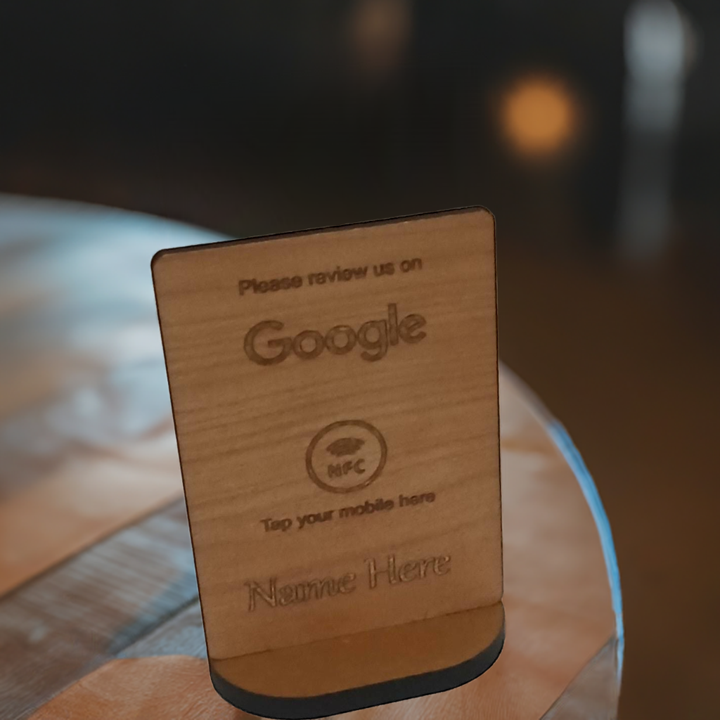 Tap to Review. Google / TripAdvisor / Facebook / Checkatrade, NFC, Wood Review Sign and stand. For Personalisation.