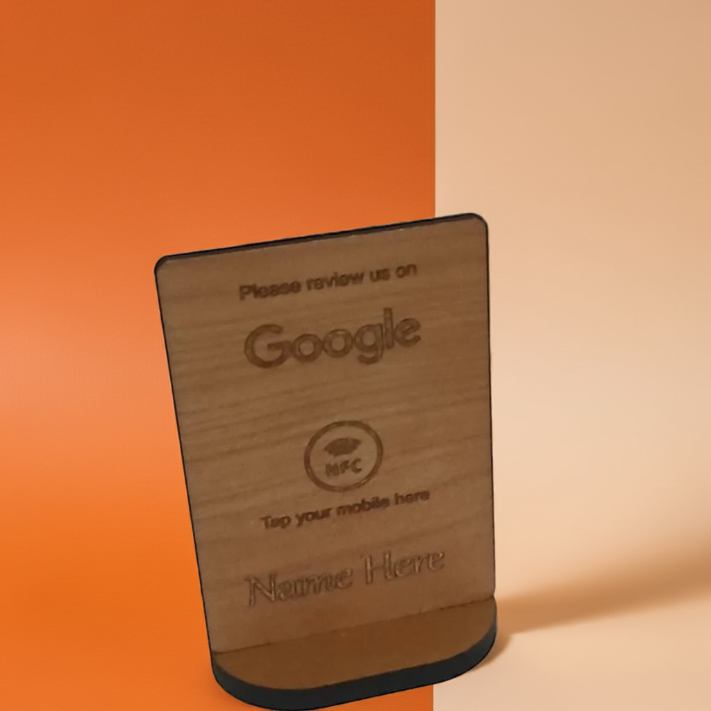 Tap to Review. Google / TripAdvisor / Facebook / Checkatrade, NFC, Wood Review Sign and stand. For Personalisation.