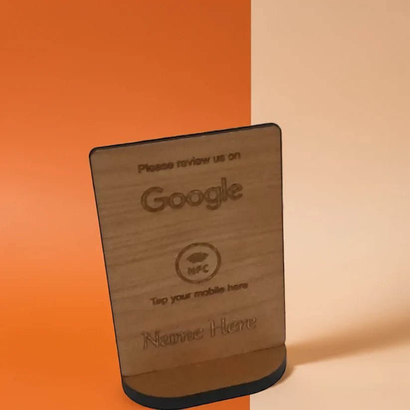 Tap to Review. Google / TripAdvisor / Facebook / Checkatrade, NFC, Wood Review Sign and stand. For Personalisation