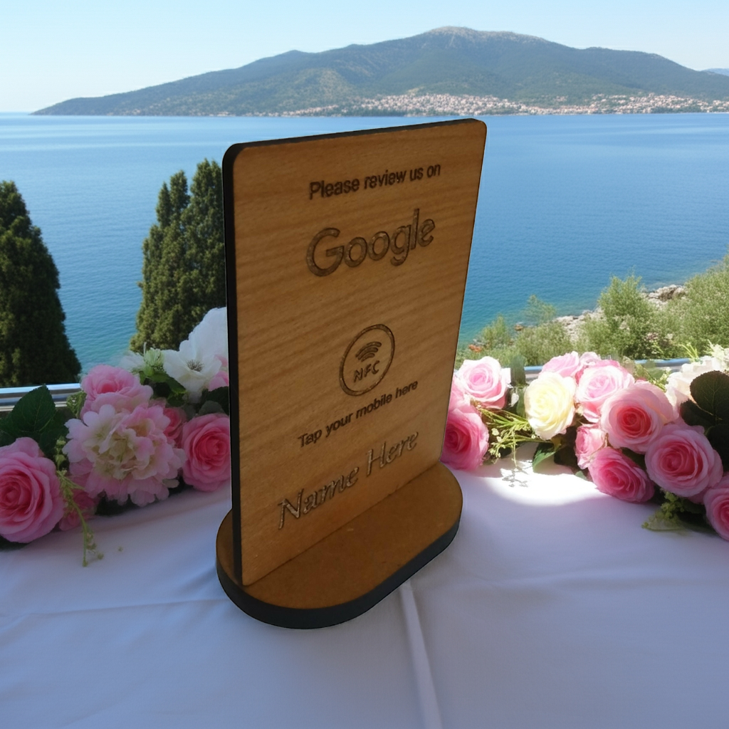 Tap to Review. Google / TripAdvisor / Facebook / Checkatrade, NFC, Wood Review Sign and stand. For Personalisation.