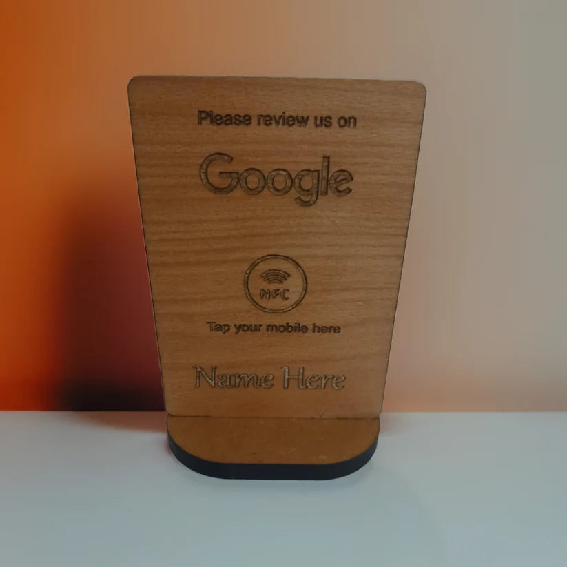Tap to Review. Google / TripAdvisor / Facebook / Checkatrade, NFC, Wood Review Sign and stand. For Personalisation