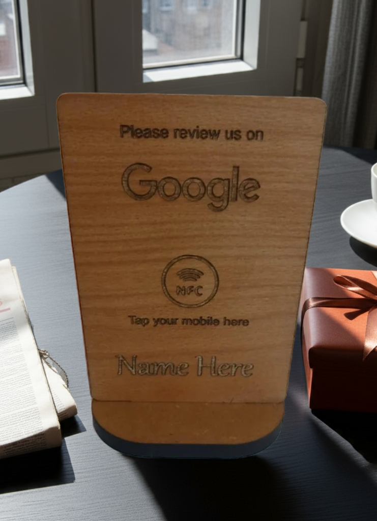 Tap to Review. Google / TripAdvisor / Facebook / Checkatrade, NFC, Wood Review Sign and stand. For Personalisation.