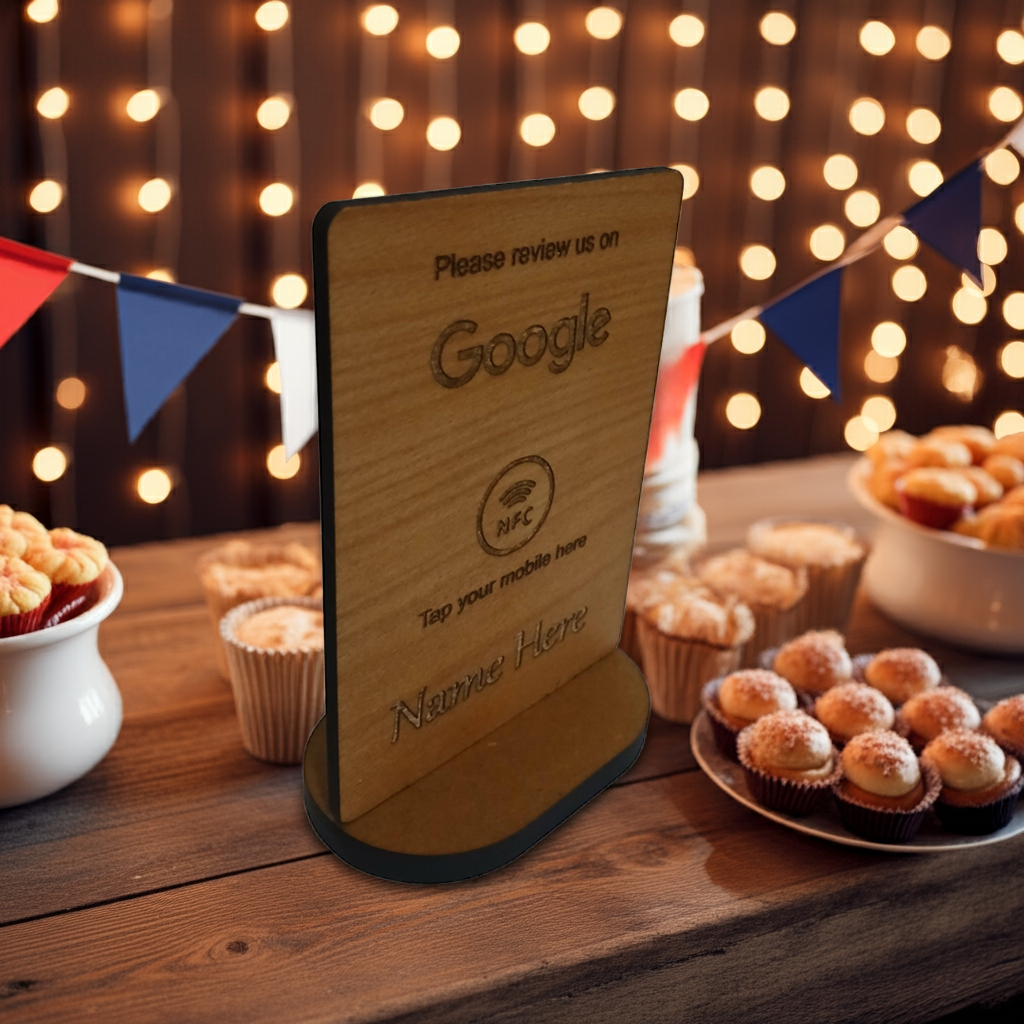 Tap to Review. Google / TripAdvisor / Facebook / Checkatrade, NFC, Wood Review Sign and stand. For Personalisation.
