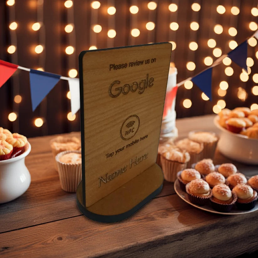 Tap to Review. Google / TripAdvisor / Facebook / Checkatrade, NFC, Wood Review Sign and stand. For Personalisation