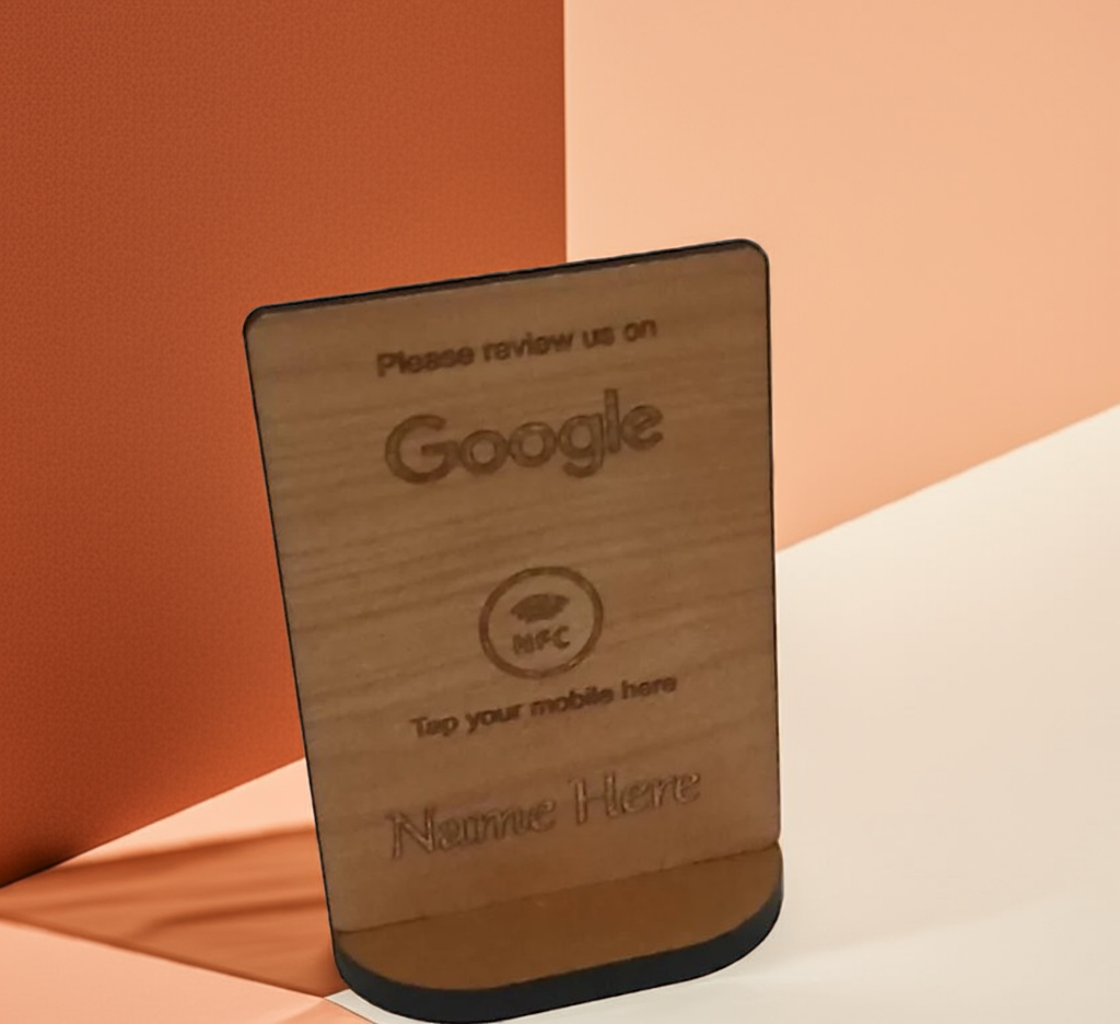 Tap to Review. Google / TripAdvisor / Facebook / Checkatrade, NFC, Wood Review Sign and stand. For Personalisation.