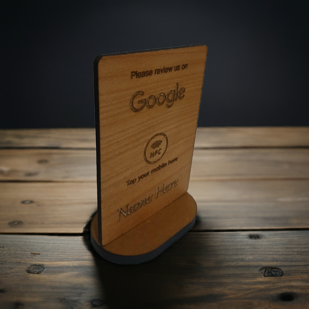 Tap to Review. Google / TripAdvisor / Facebook / Checkatrade, NFC, Wood Review Sign and stand. For Personalisation.