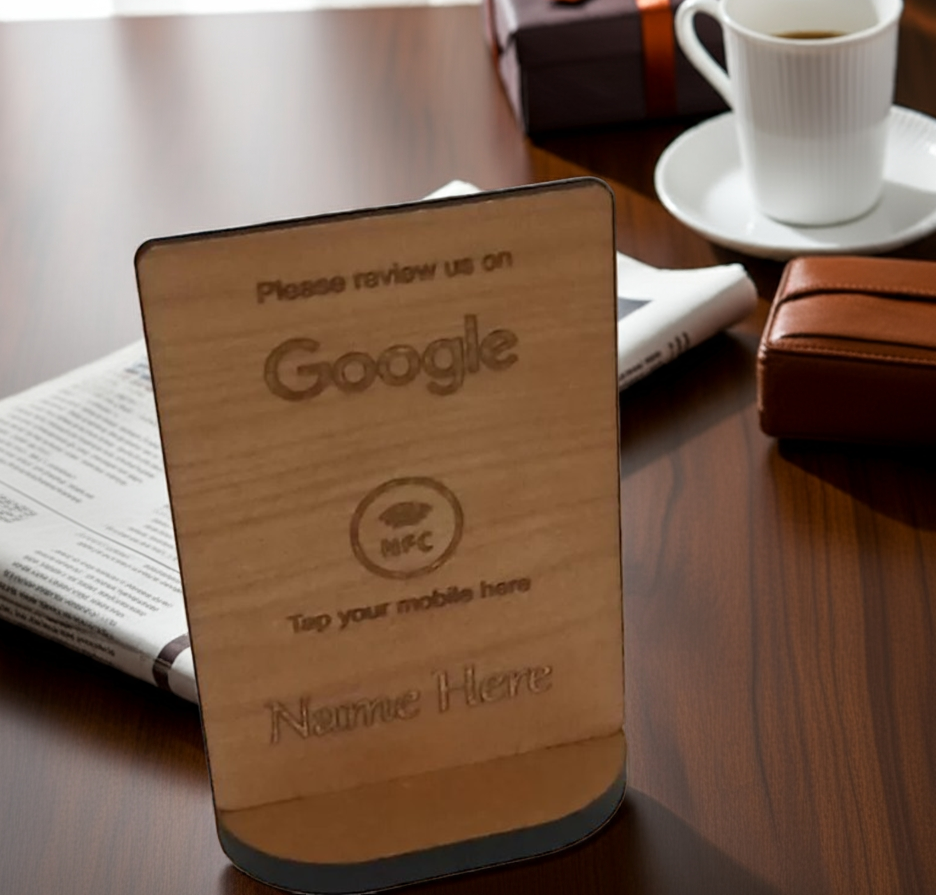 Tap to Review. Google / TripAdvisor / Facebook / Checkatrade, NFC, Wood Review Sign and stand. For Personalisation.