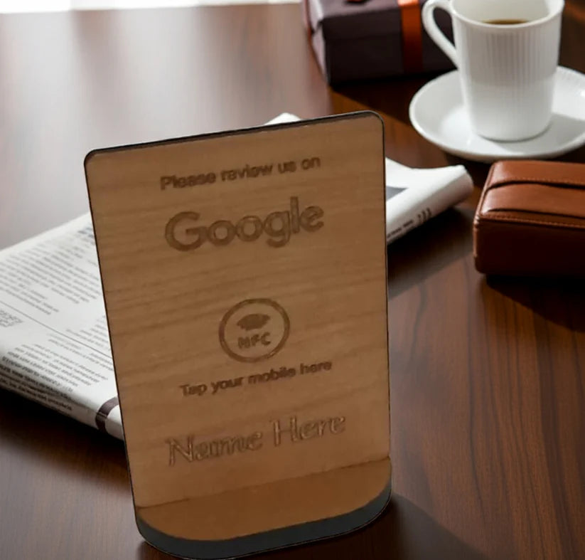 Tap to Review. Google / TripAdvisor / Facebook / Checkatrade, NFC, Wood Review Sign and stand. For Personalisation