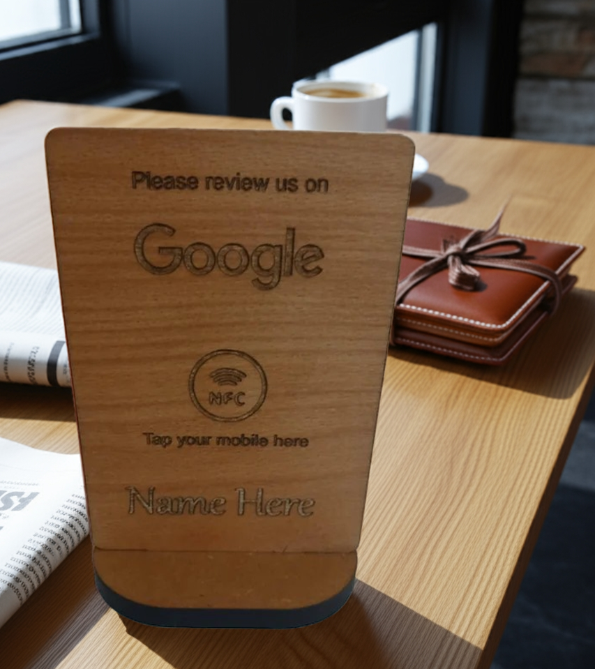 Tap to Review. Google / TripAdvisor / Facebook / Checkatrade, NFC, Wood Review Sign and stand. For Personalisation.