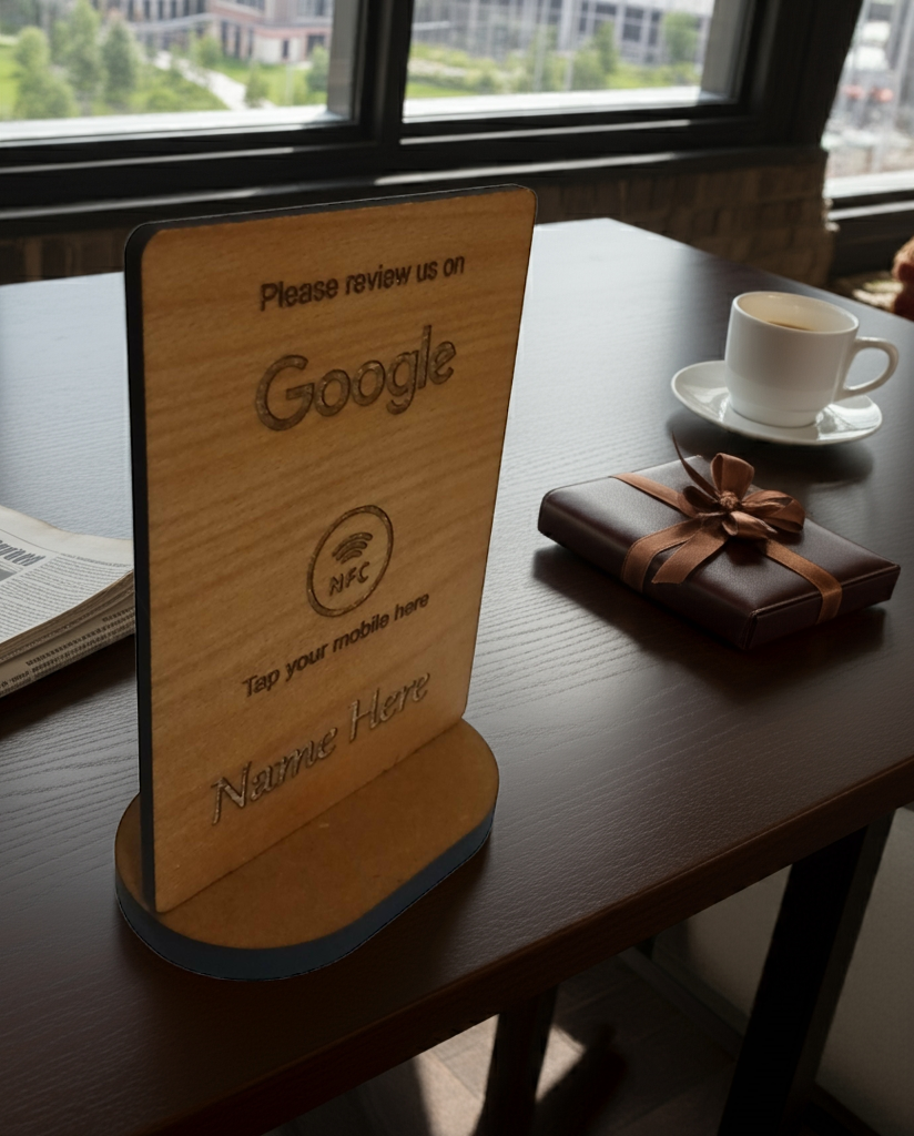 Tap to Review. Google / TripAdvisor / Facebook / Checkatrade, NFC, Wood Review Sign and stand. For Personalisation.