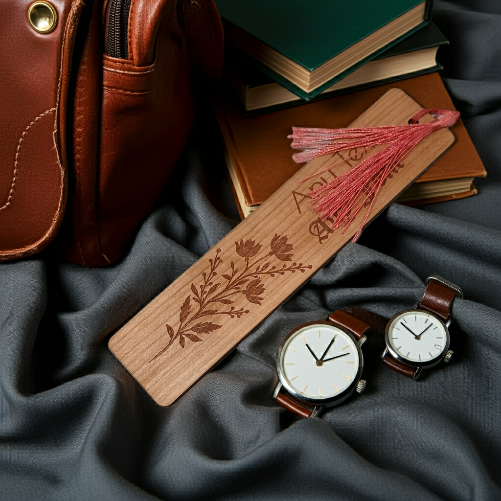 Unique and beautiful Steamed Beech Bookmark, with floral engraving and tassel. Personalise with any text and font.