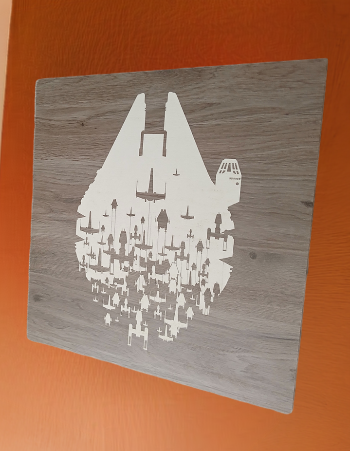 Wall Art. Millennium Falcon Engraving with rebel ships. Star Wars. 390mm X 390mm
