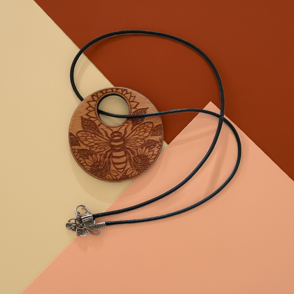 Wood Pendant with a Bee and Floral engraving, with waxed necklace. Pendant measures 50mm diameter