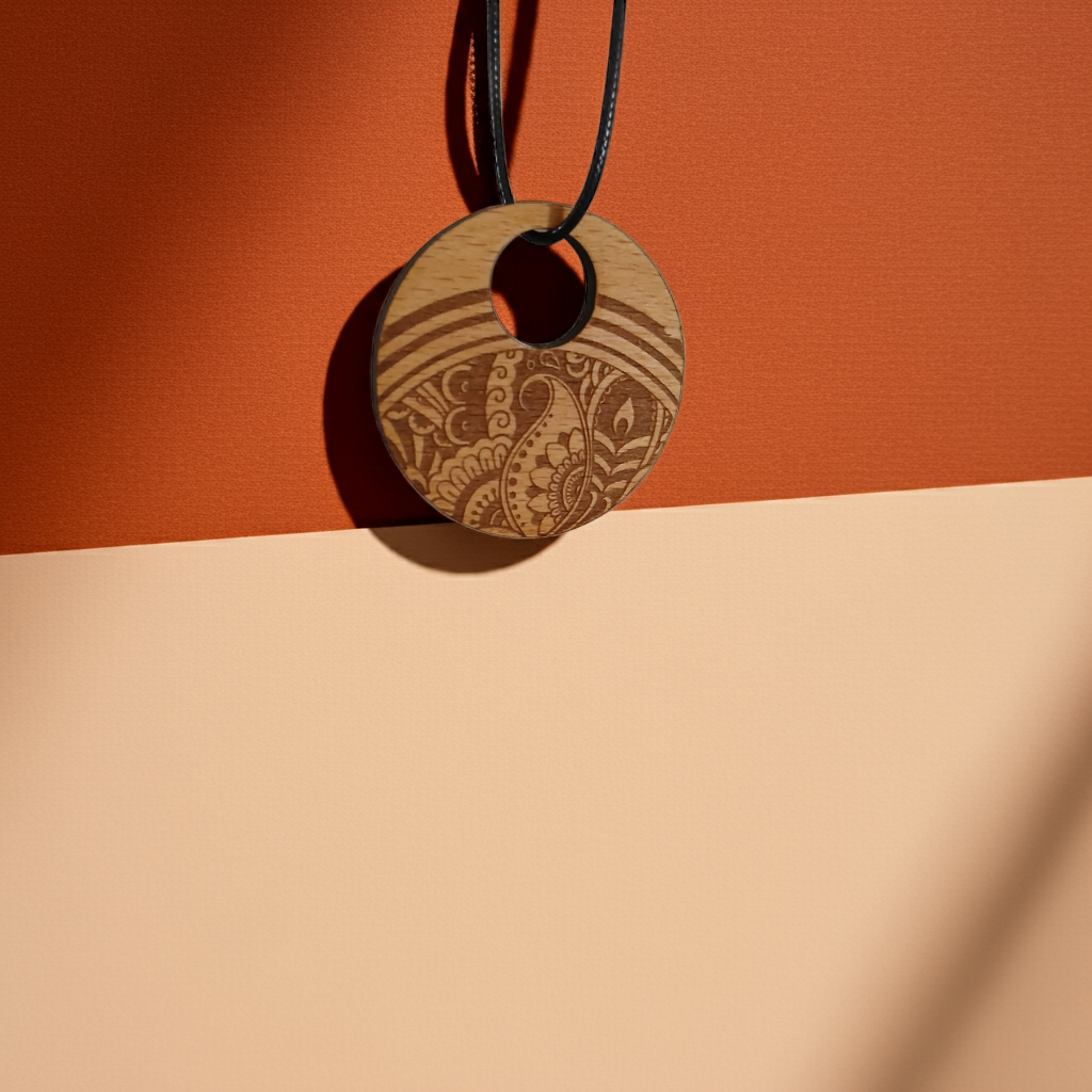 Beautiful Wood Mandala Pattern Engraved Pendant with waxed necklace. Pendant measures 50mm diameter