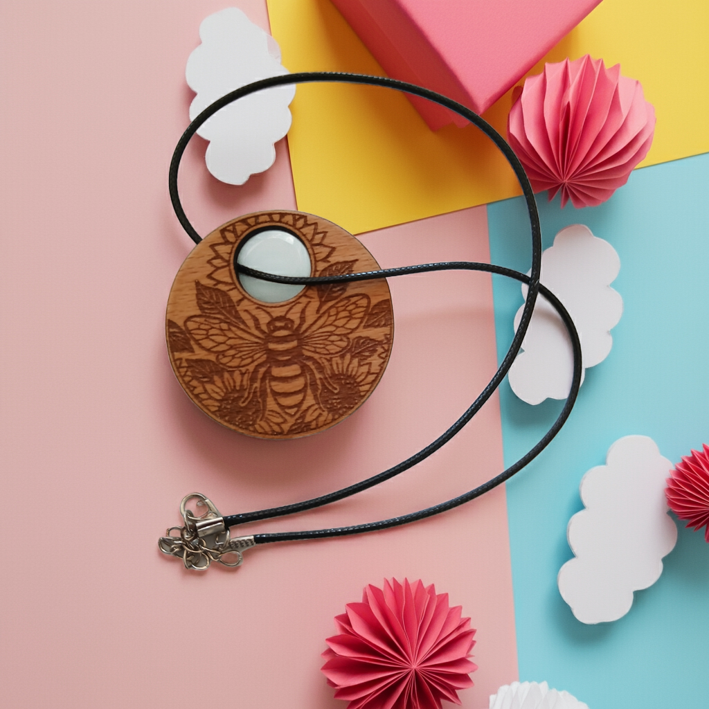 Wood Pendant with a Bee and Floral engraving, with waxed necklace. Pendant measures 50mm diameter