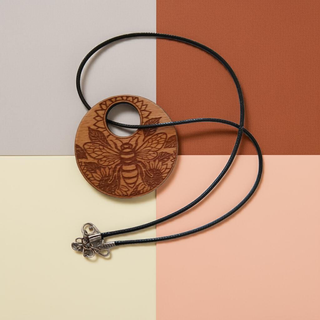 Wood Pendant with a Bee and Floral engraving, with waxed necklace. Pendant measures 50mm diameter