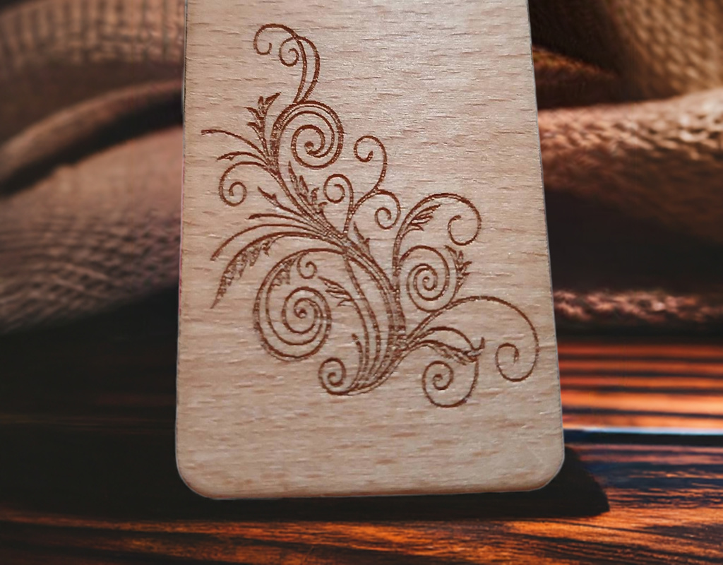 X 2 Wood Personalised Bookmarks. Exquisite Engravings and Your Customised Name. Floral Engraving