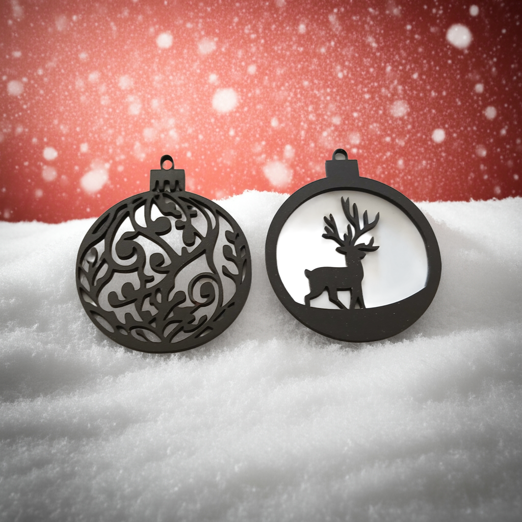 X 4, Black Wood, Christmas Tree / Wall Decoration Baubles Collection. 60mm diameter.