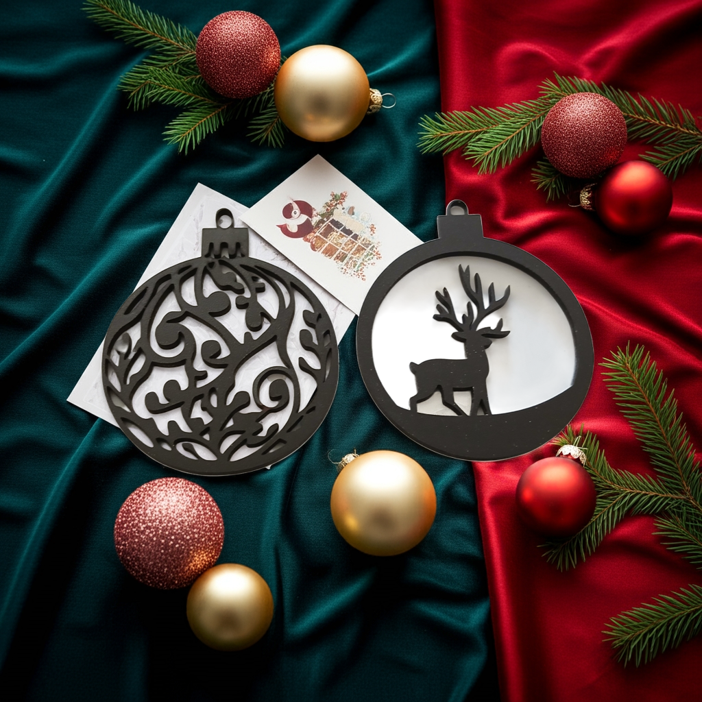 X 4, Black Wood, Christmas Tree / Wall Decoration Baubles Collection. 60mm diameter.