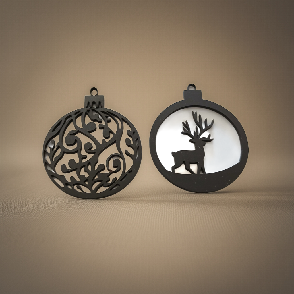 X 4, Black Wood, Christmas Tree / Wall Decoration Baubles Collection. 60mm diameter.