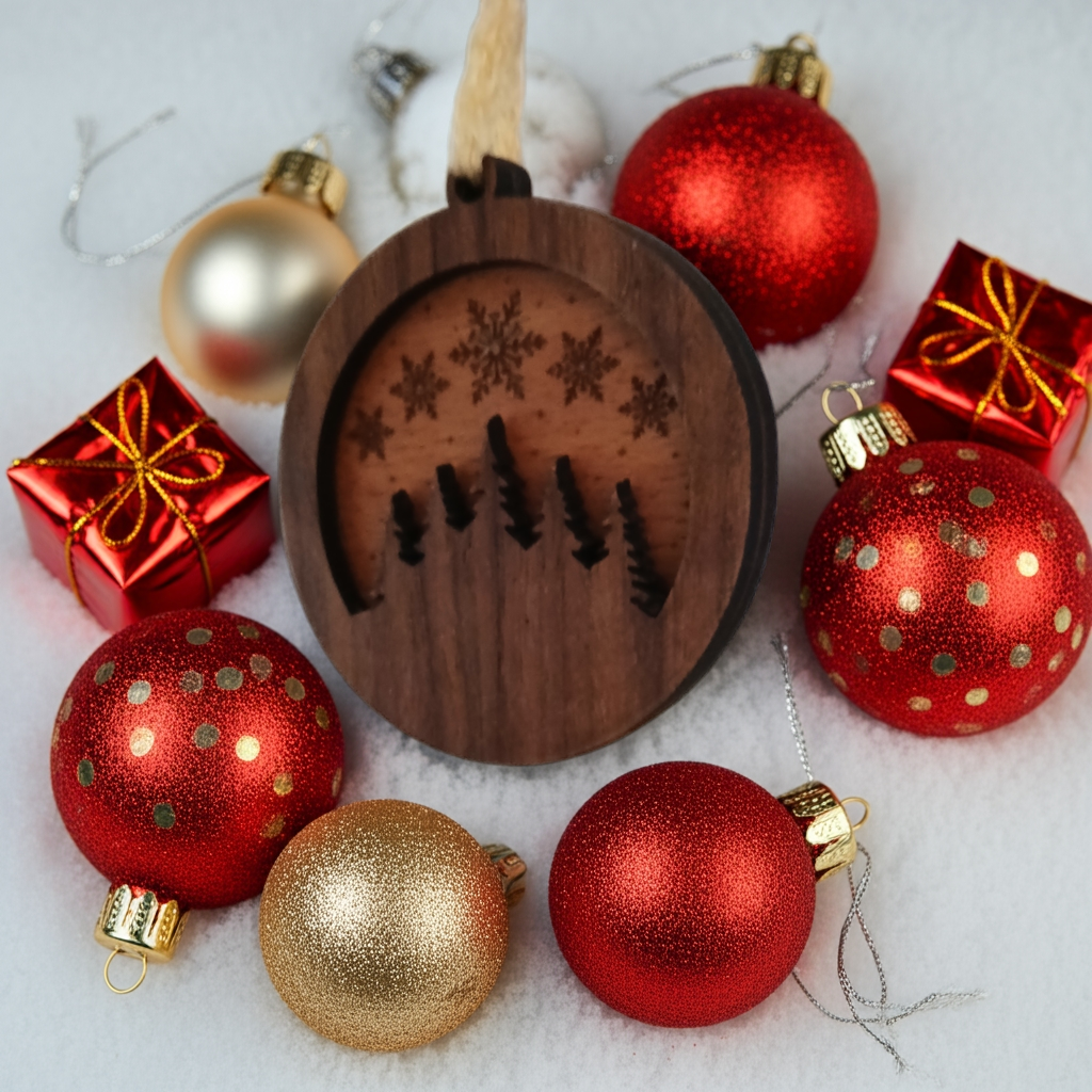 Set of 3 Christmas Decorations, Walnut, Beech, White Wood and Red Acrylic. 60mm Diameter x 6.5mm thick.