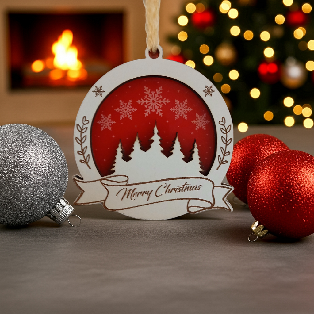 Set of 3 Christmas Decorations, Walnut, Beech, White Wood and Red Acrylic. 60mm Diameter x 6.5mm thick.