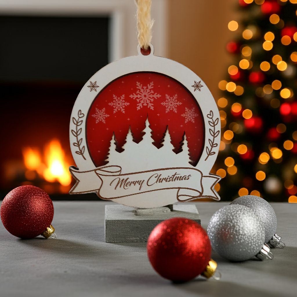 Set of 3 Christmas Decorations, Walnut, Beech, White Wood and Red Acrylic. 60mm Diameter x 6.5mm thick.