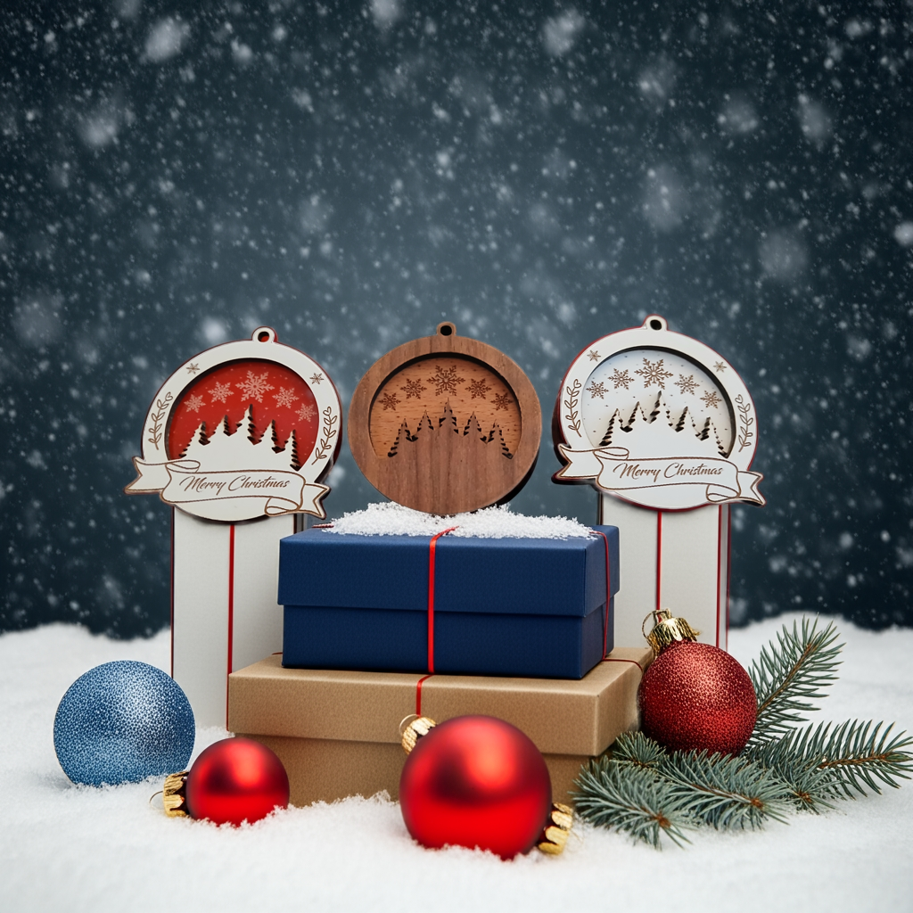 Set of 3 Christmas Decorations, Walnut, Beech, White Wood and Red Acrylic. 60mm Diameter x 6.5mm thick.