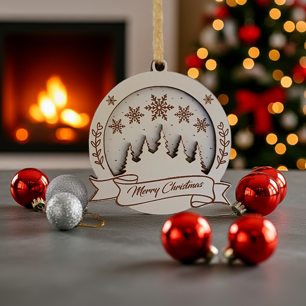 Set of 3 Christmas Decorations, Walnut, Beech, White Wood and Red Acrylic. 60mm Diameter x 6.5mm thick.