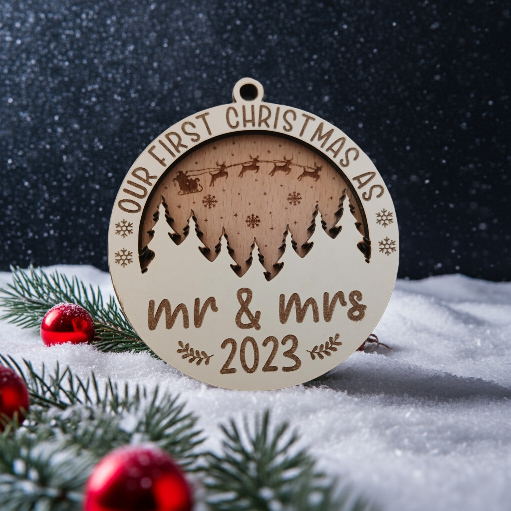 x2 Our First Christmas, Wood Christmas Tree Bauble. 70mm diameter, 6mm thick. Personalise with year and title of choice e.g. Mr & Mrs