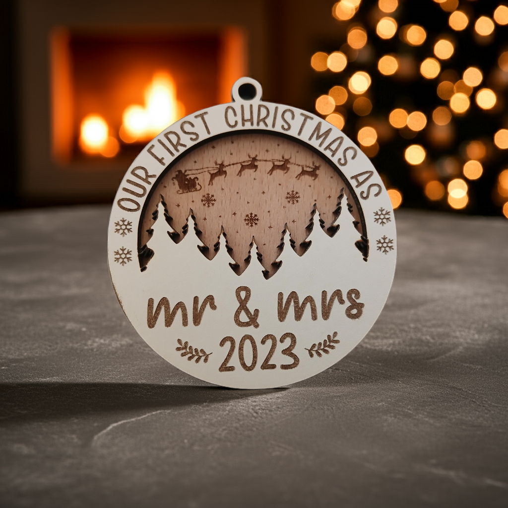 x2 Our First Christmas, Wood Christmas Tree Bauble. 70mm diameter, 6mm thick. Personalise with year and title of choice e.g. Mr & Mrs
