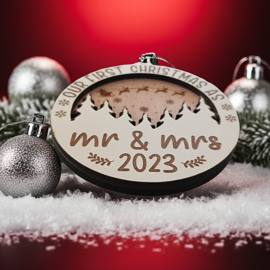 x2 Our First Christmas, Wood Christmas Tree Bauble. 70mm diameter, 6mm thick. Personalise with year and title of choice e.g. Mr & Mrs