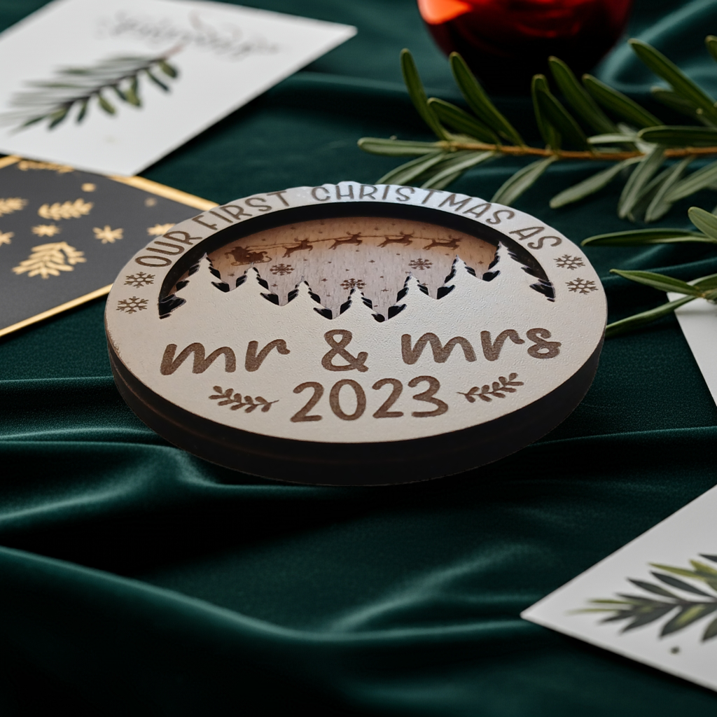 x2 Our First Christmas, Wood Christmas Tree Bauble. 70mm diameter, 6mm thick. Personalise with year and title of choice e.g. Mr & Mrs