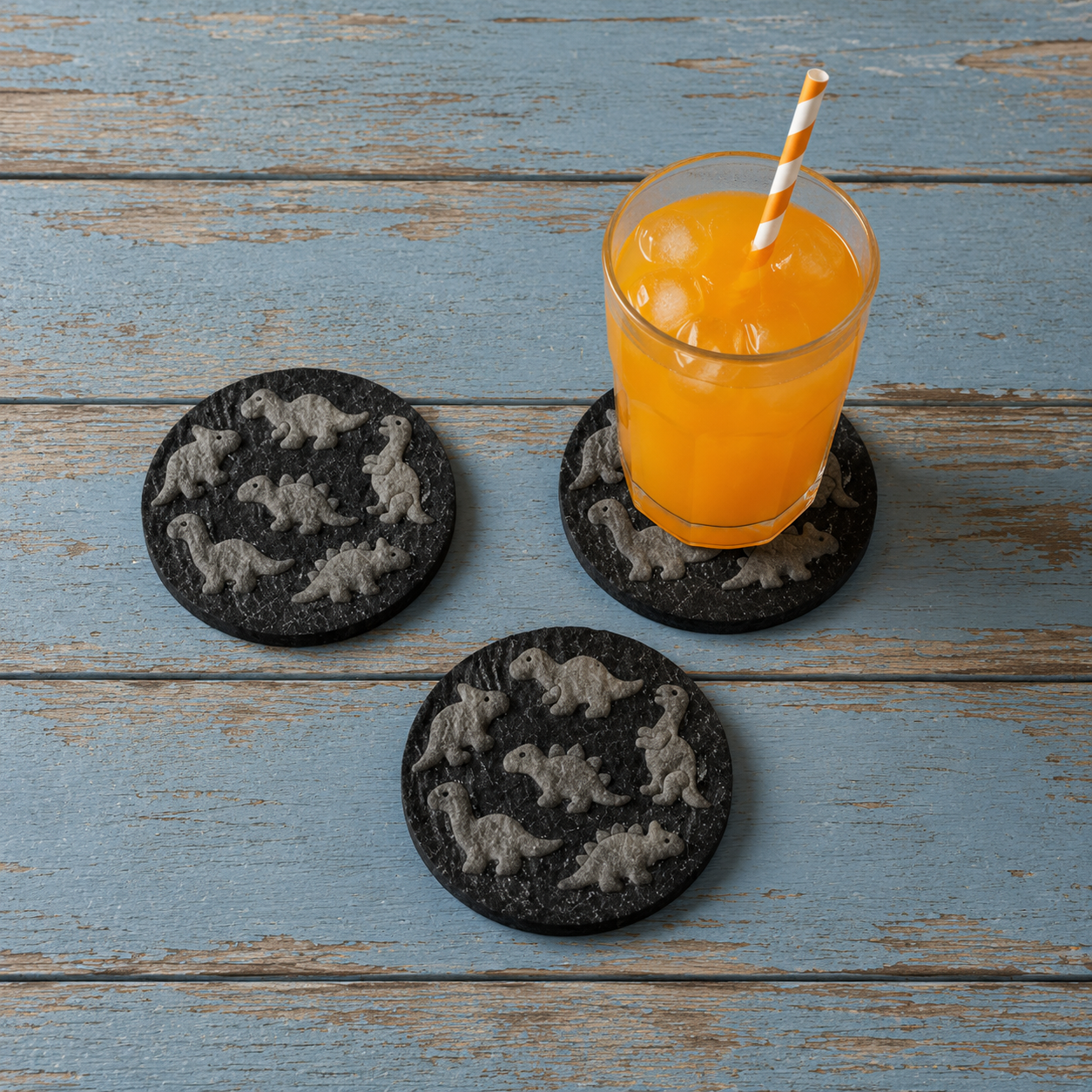 Set of 6, Effect Dinosaur Slate Coasters, 3D Effect – Laser Engraved Prehistoric Jurassic Dino Fossil Drink Coasters with Protective Bumper Feet, Unique Natural Stone Home Table Décor & Gift.