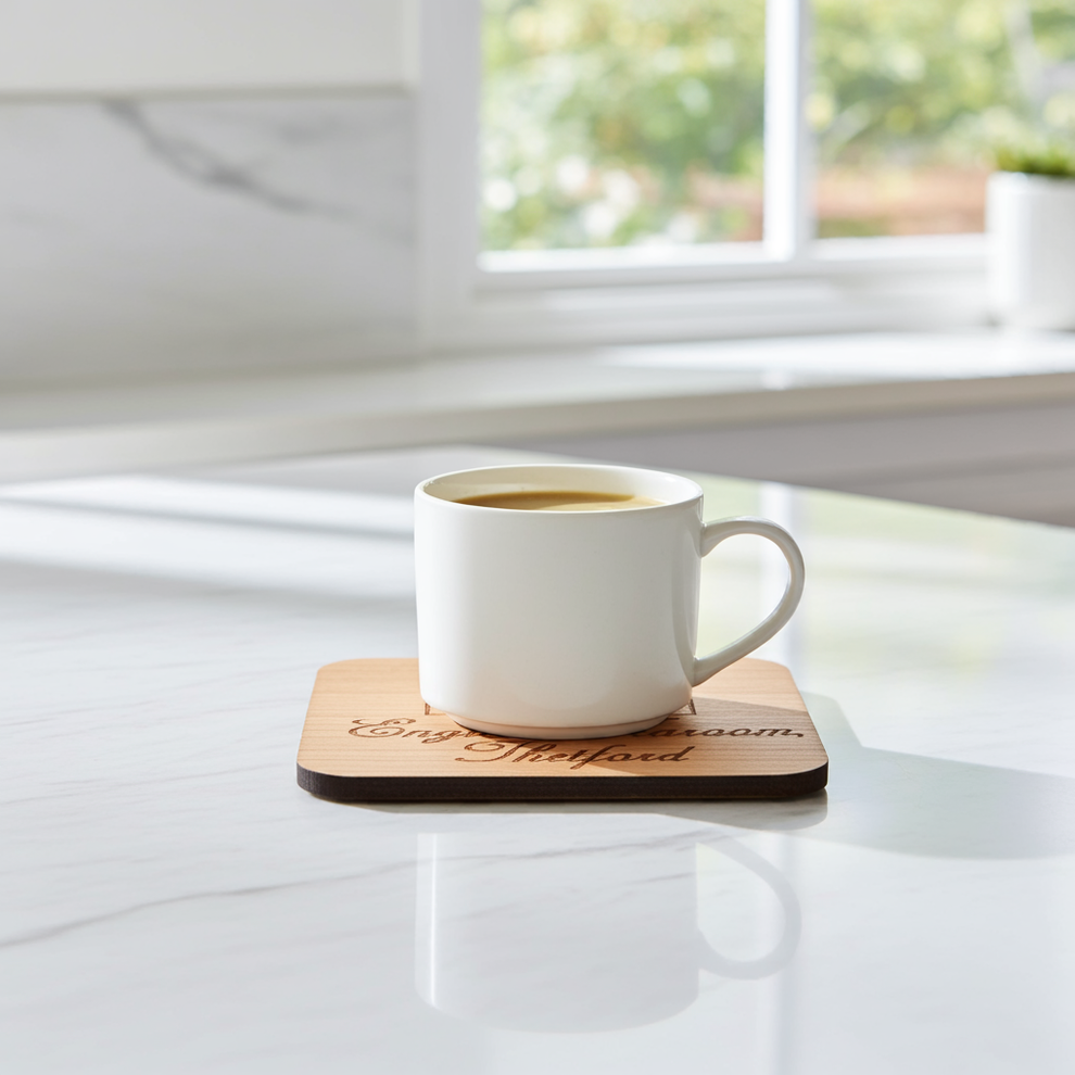 x 4 Personalised engraved Rectangle wood placemats and x 4 drinks coasters set.