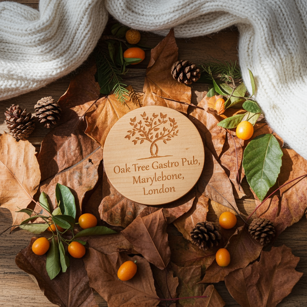 x 4 Personalised engraved Round wood placemats and x 4 drinks coasters set.