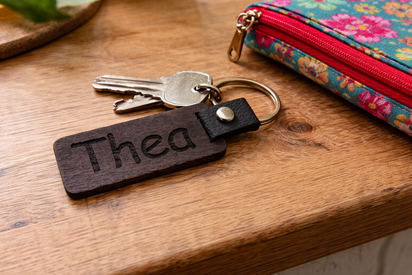 Personalised Walnut Effect, Keyring. Any font and Text.