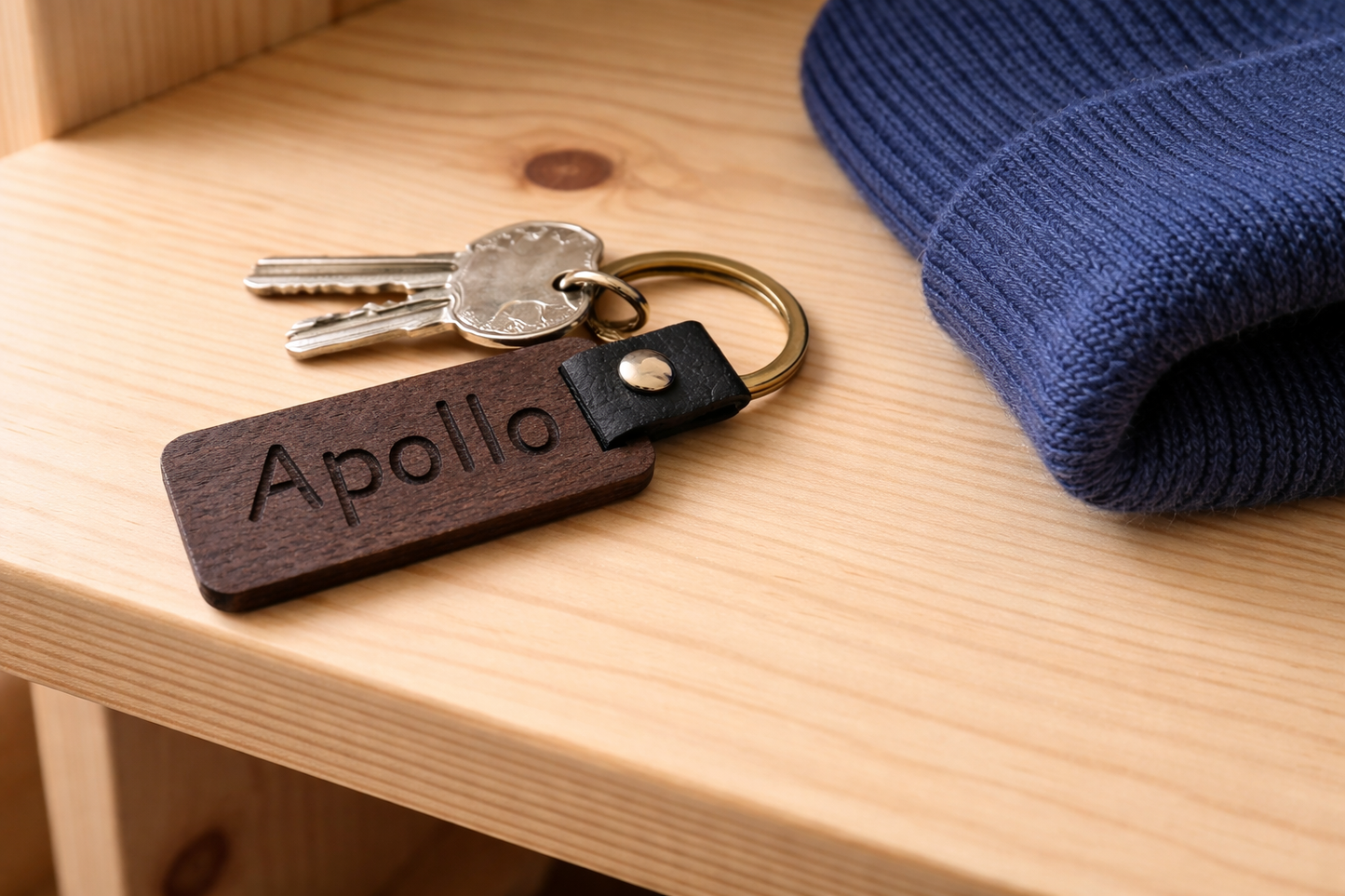 Personalised Walnut Effect, Keyring. Any font and Text.