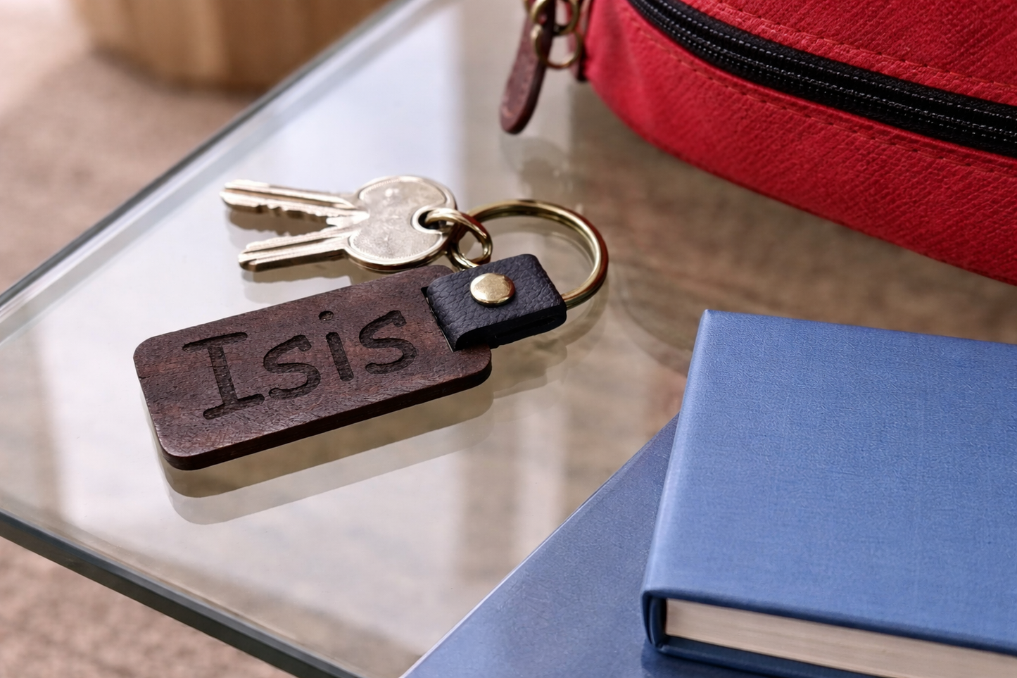 Personalised Walnut Effect, Keyring. Any font and Text.