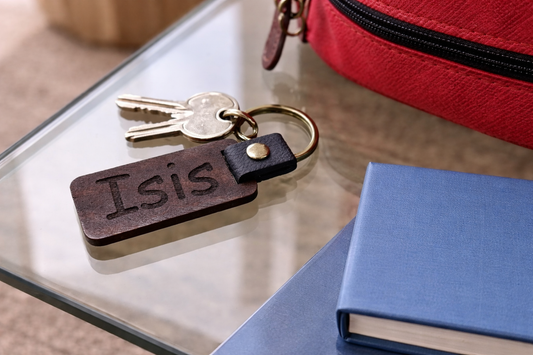 Personalised Walnut Effect, Keyring. Any font and Text.