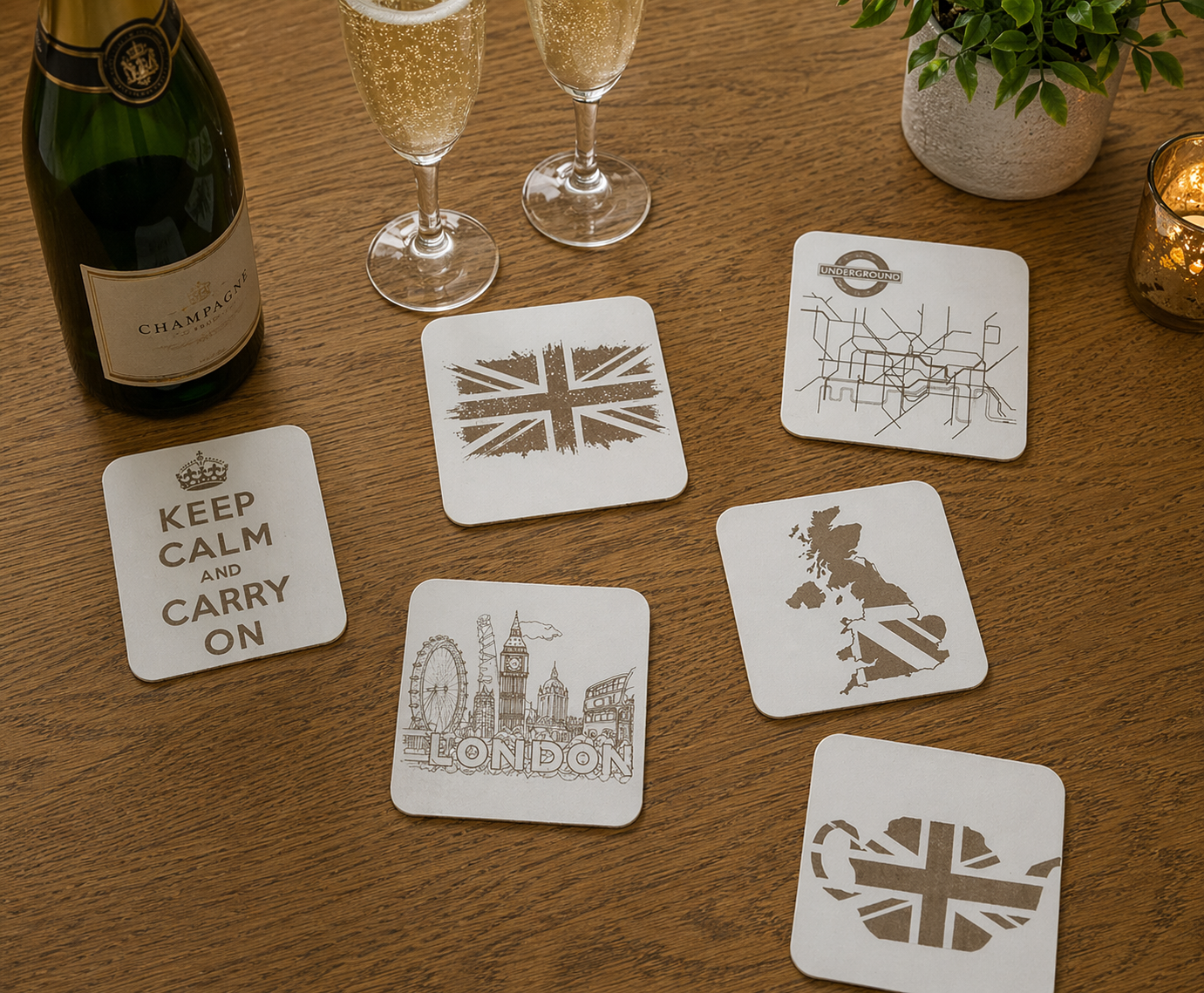 Set of 6 White Wood, Great Britain Theme Collection, Drink Coasters with Bumper Feet. 9.5CM X 9.5CM.