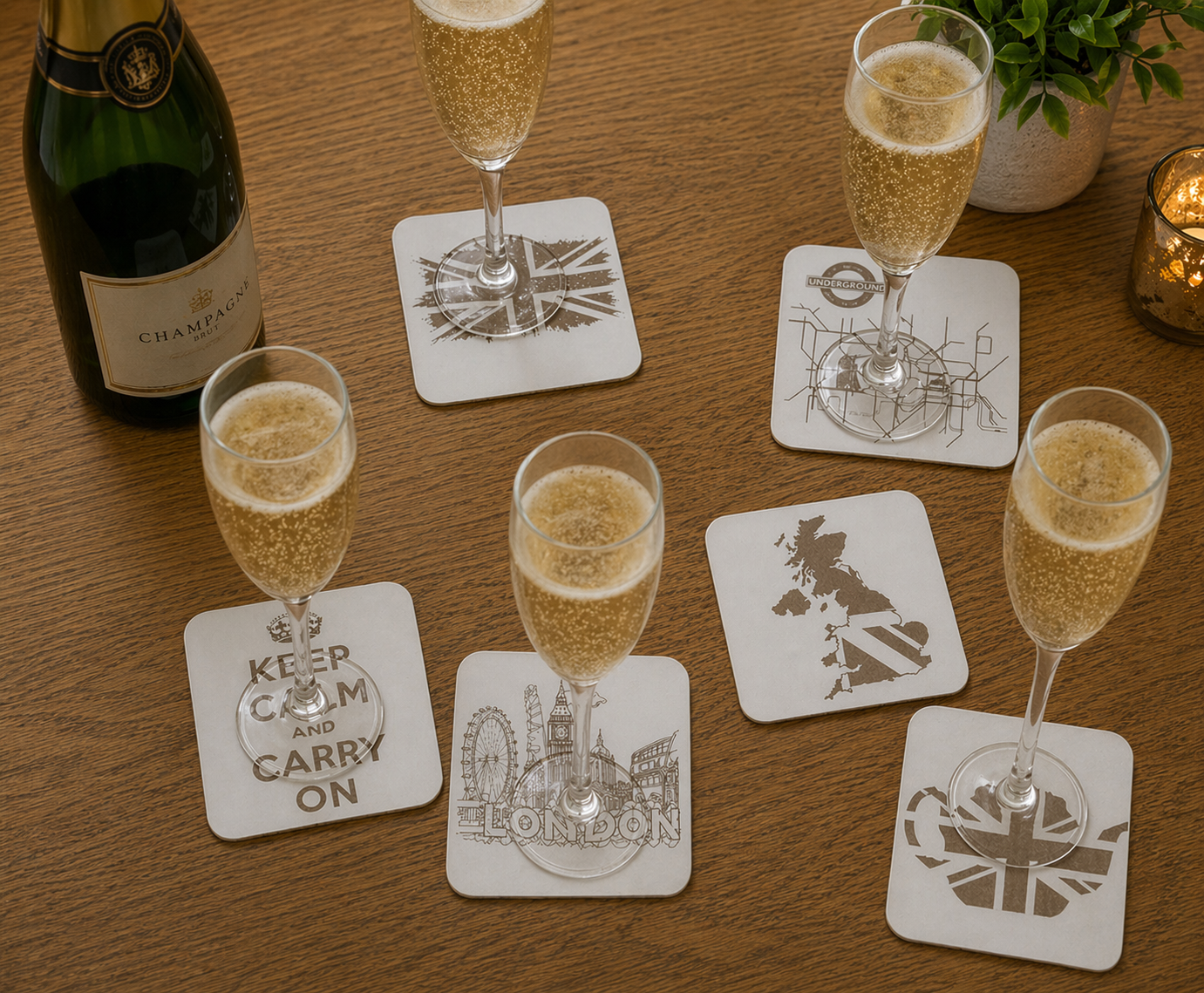 Set of 6 White Wood, Great Britain Theme Collection, Drink Coasters with Bumper Feet. 9.5CM X 9.5CM.