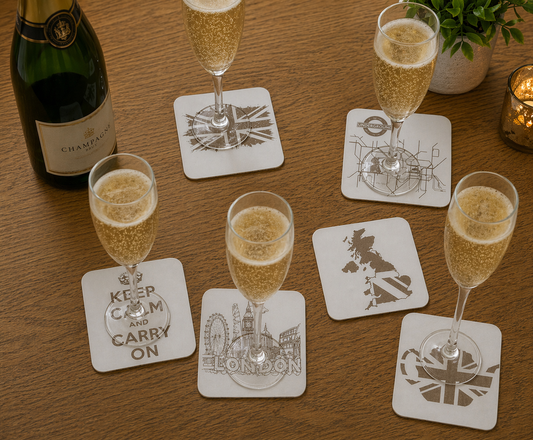 Set of 6 White Wood, Great Britain Theme Collection, Drink Coasters with Bumper Feet. 9.5CM X 9.5CM.