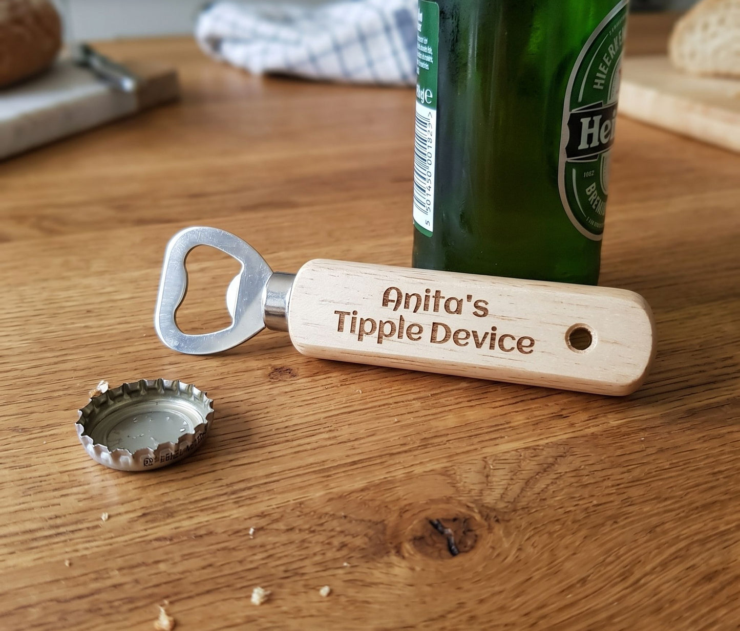 Personalised Wood Handle Bottler Openers. Any font and Text. Total Length: 14cm.