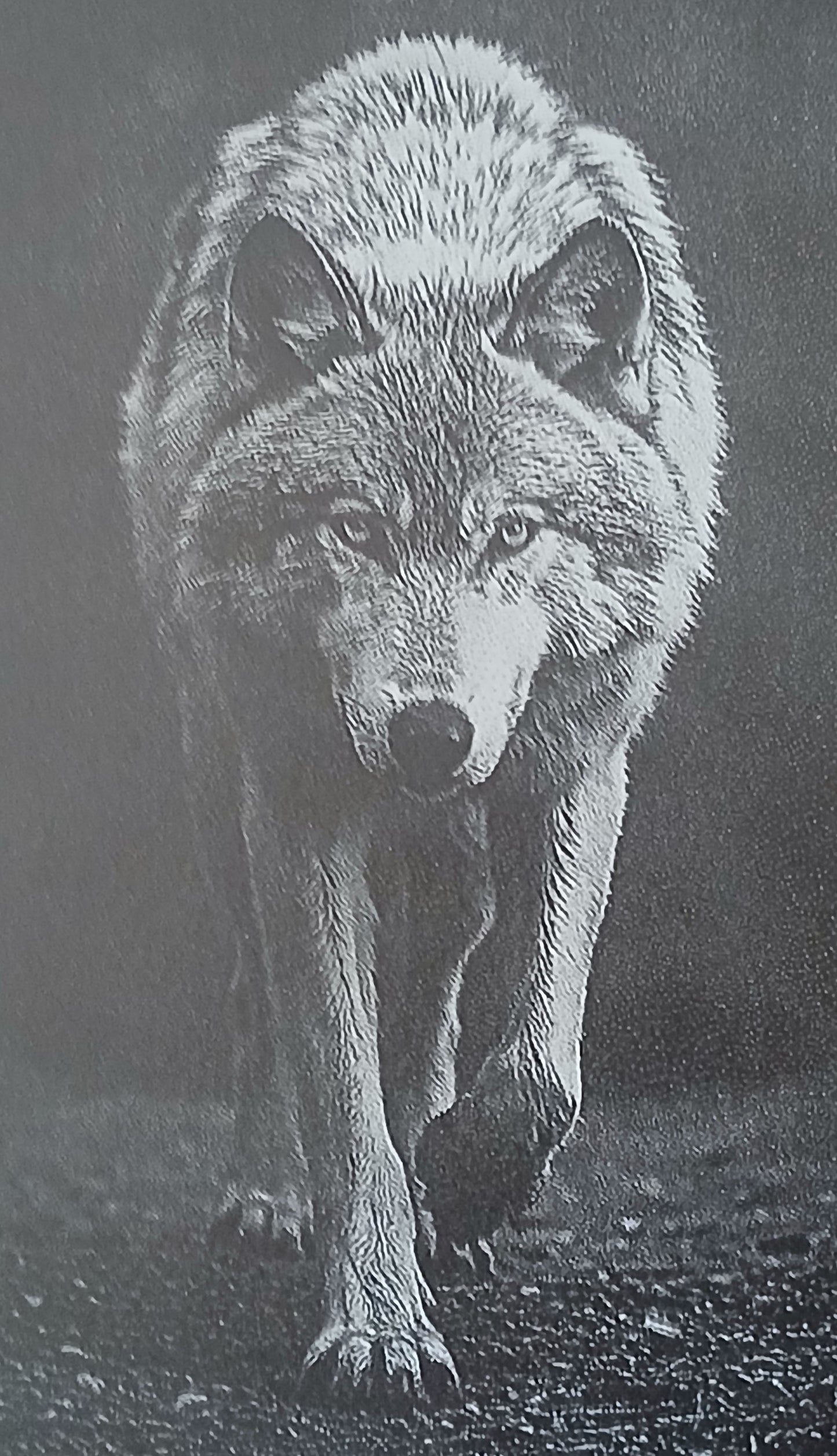 Wolf Black Painted Wood Engraving.  Wildlife Wall Art Oak Frame 25cm x 20cm.
