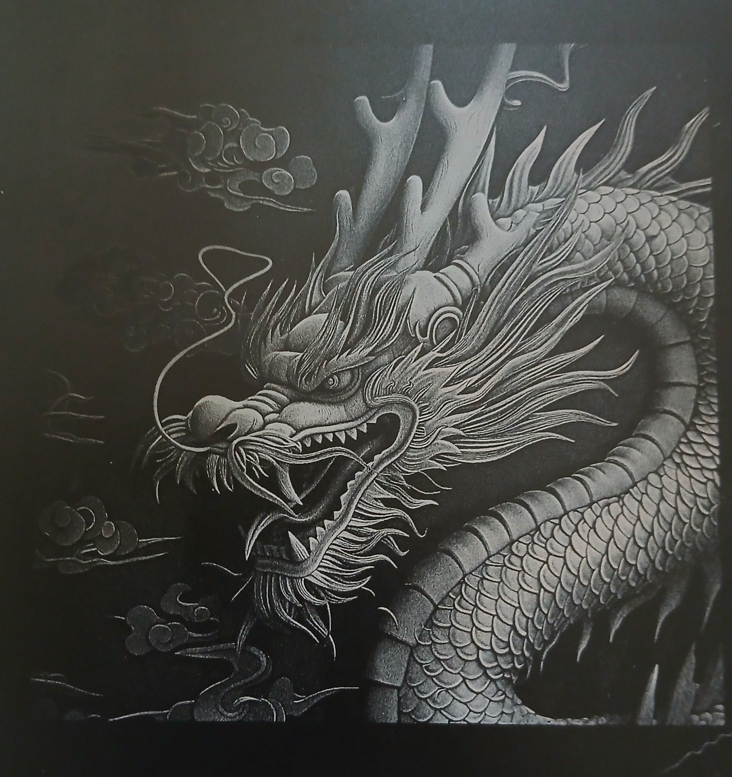 Handmade 20x25cm 3d Effect, Chinese Engraved Dragon, Painted Wood & Oak Frame.