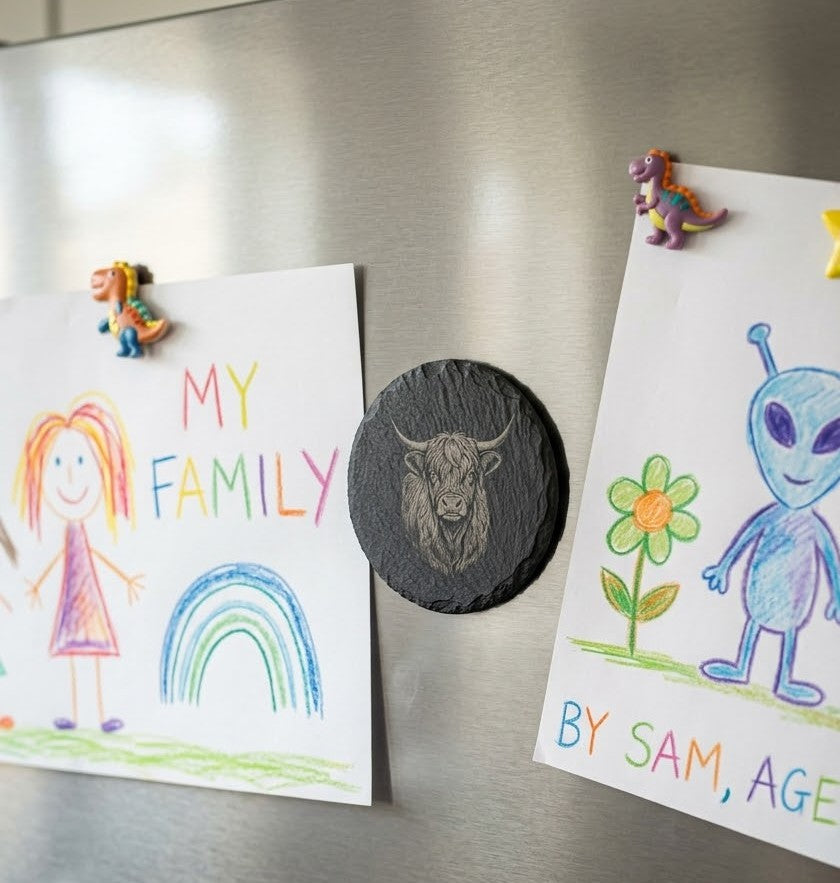 Engraved Natural Slate Animal Fridge Magnets - Set of 3 (Stag, Ram, Highland Cow)