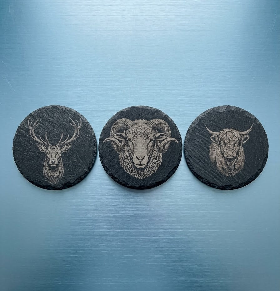 Engraved Natural Slate Animal Fridge Magnets - Set of 3 (Stag, Ram, Highland Cow)