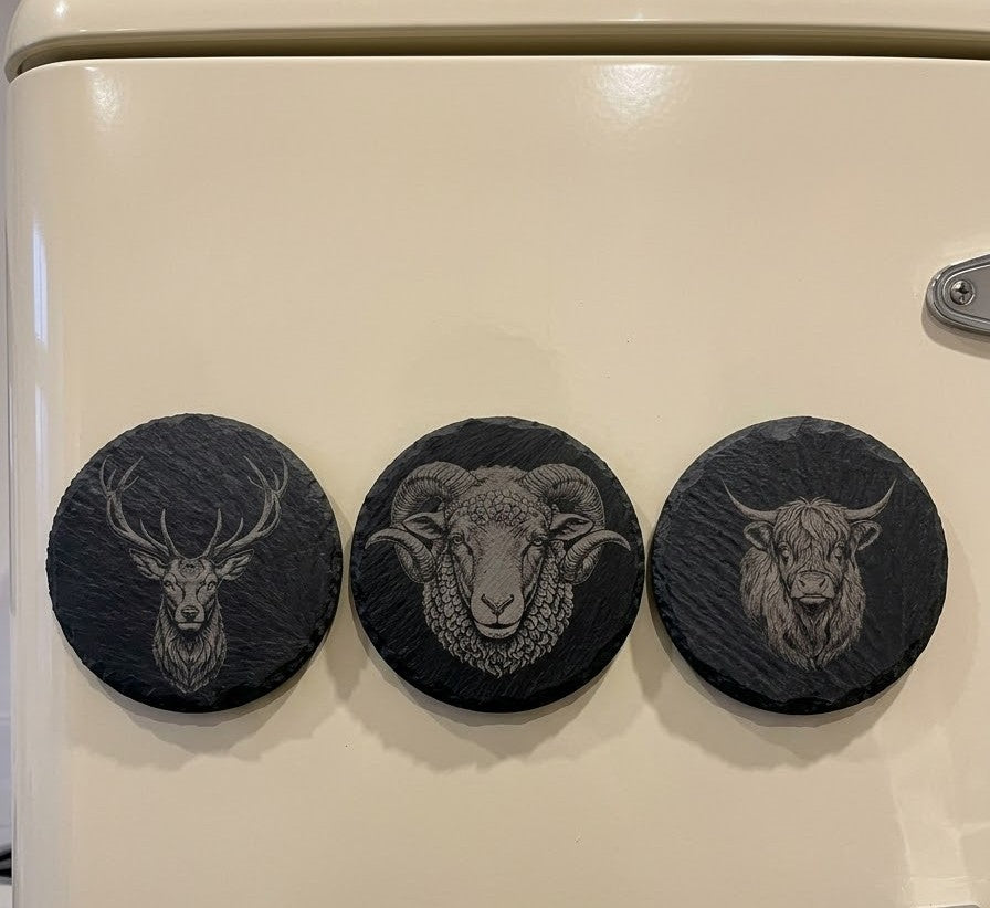 Engraved Natural Slate Animal Fridge Magnets - Set of 3 (Stag, Ram, Highland Cow)