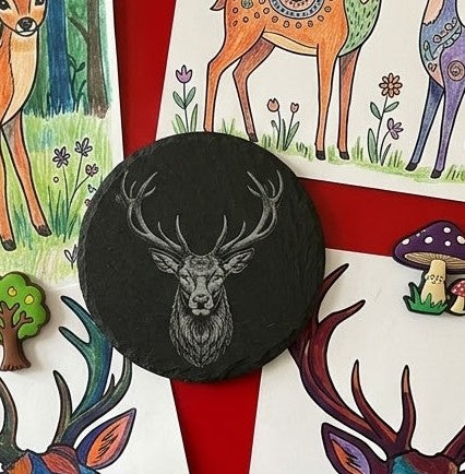 Engraved Natural Slate Animal Fridge Magnets - Set of 3 (Stag, Ram, Highland Cow)